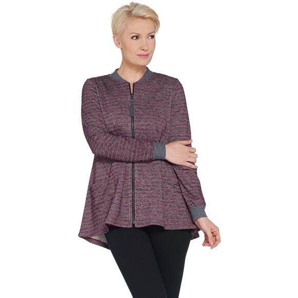 LOGO BY LORI GOLDSTEIN Striped French Terry Jacket Grey White Size Medium - Picture 1 of 11